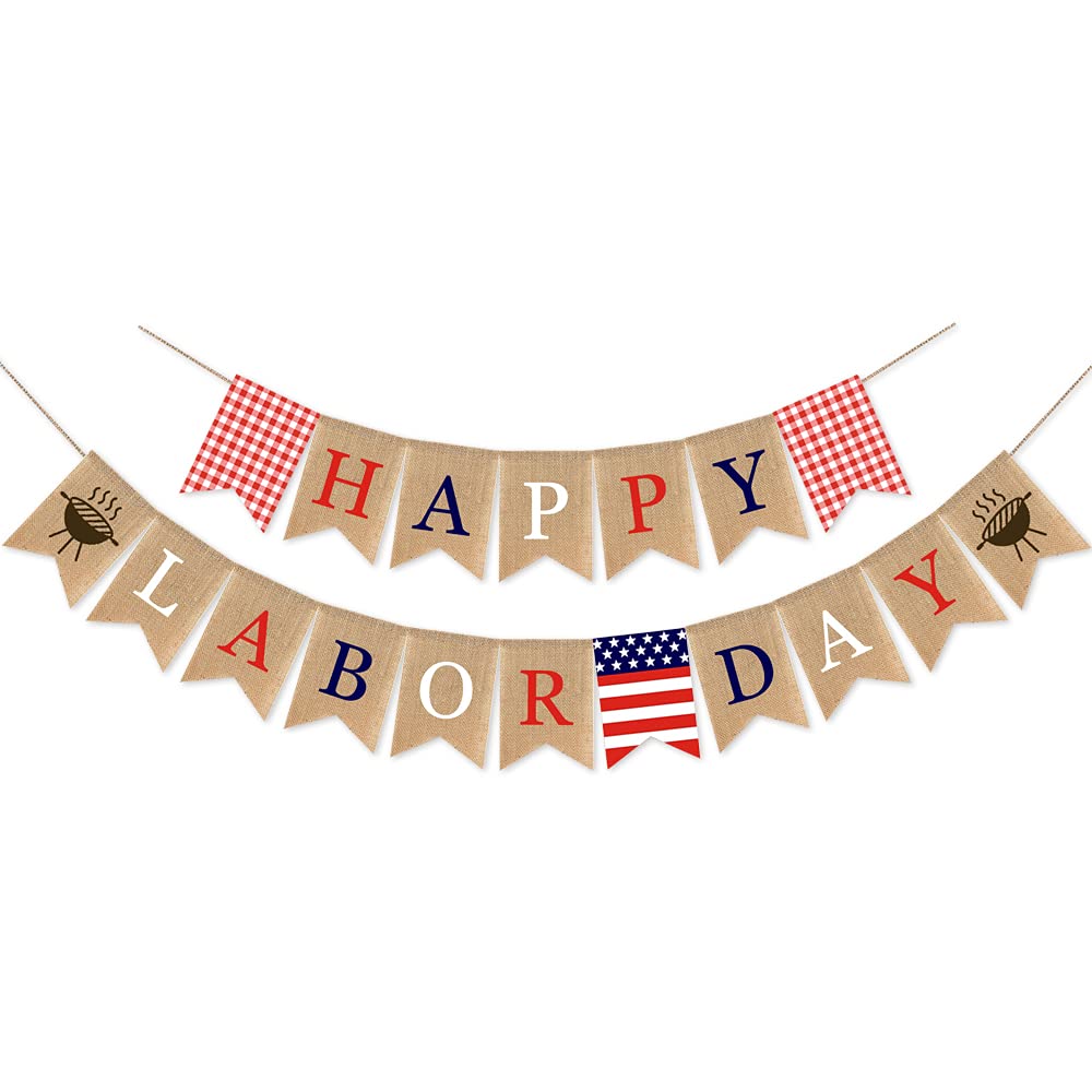 SWYOUN Burlap Happy Labor Day Banner with Grill BBQ Theme Party - Product Imagery