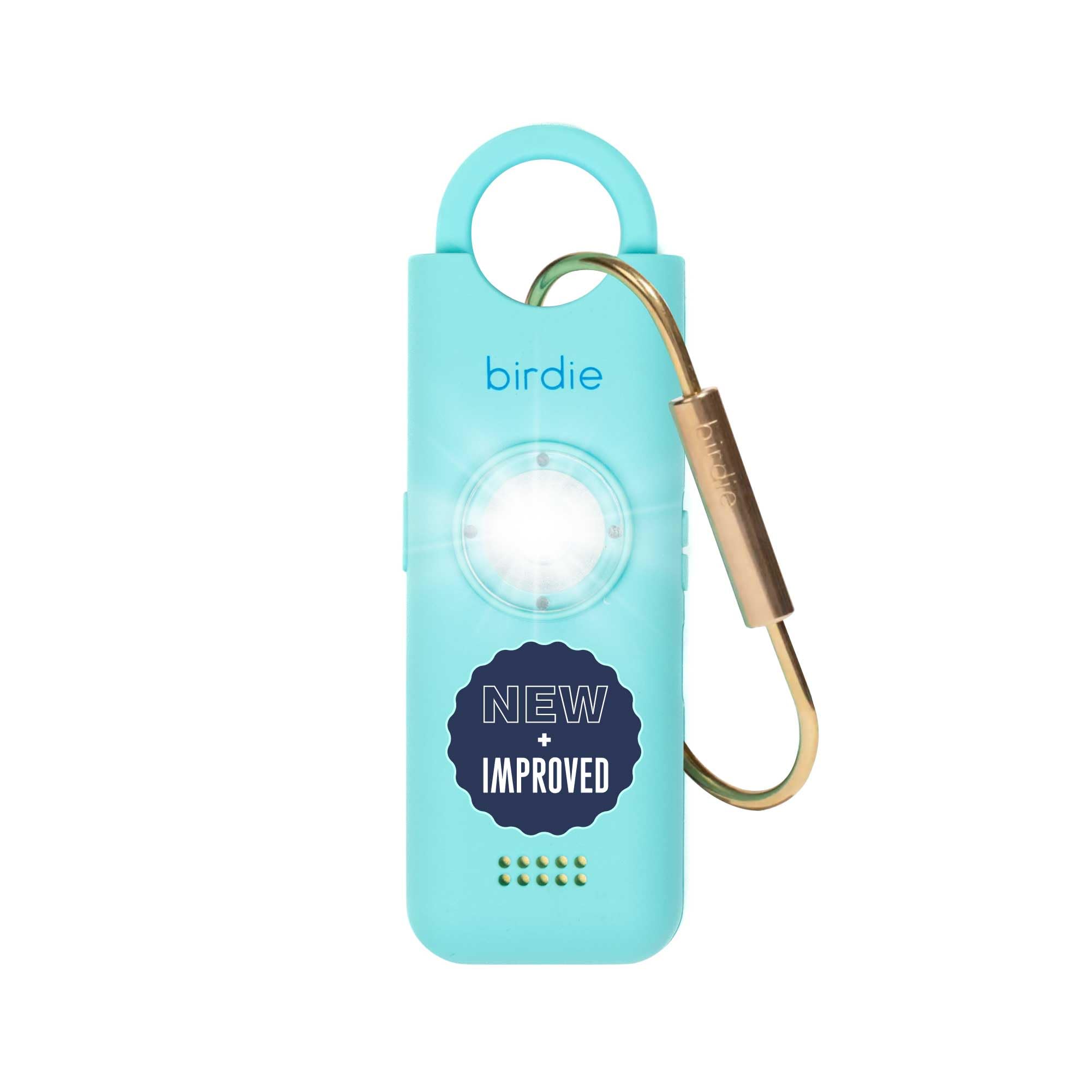 She's Birdie 3.0 personal safety alarm for women with loud siren, flashlight, rechargeable battery in aqua blue color.