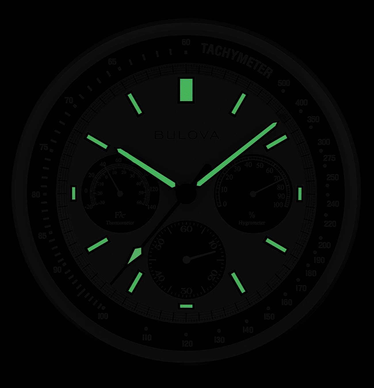 Bulova Lunar Pilot wall clock with matte silver finish and temperature display, featuring a sleek, modern design.