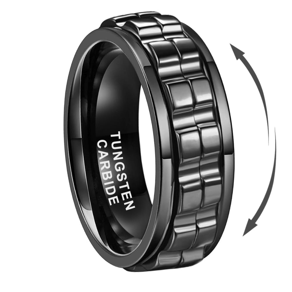 TUTISS 8mm Black Tungsten Spinner Ring for Men & Women