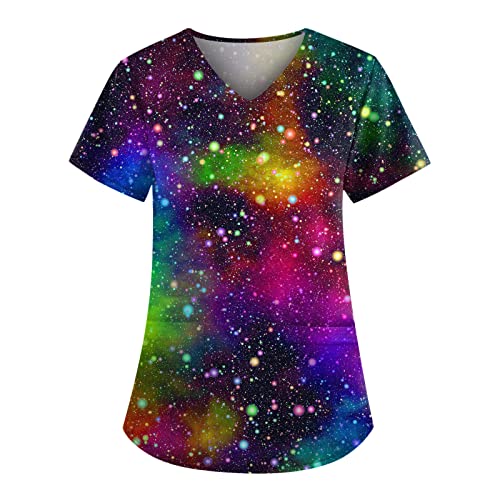 PETYCZEN Womens Scrub Tops Cute Animals Print V Neck Short - Product Imagery
