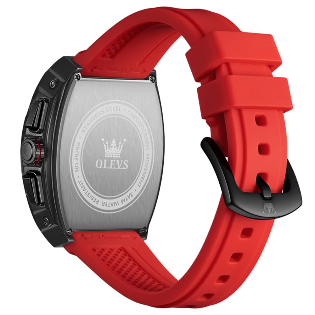 OLEVS Men's Square Chronograph Watch – Red Silicone
