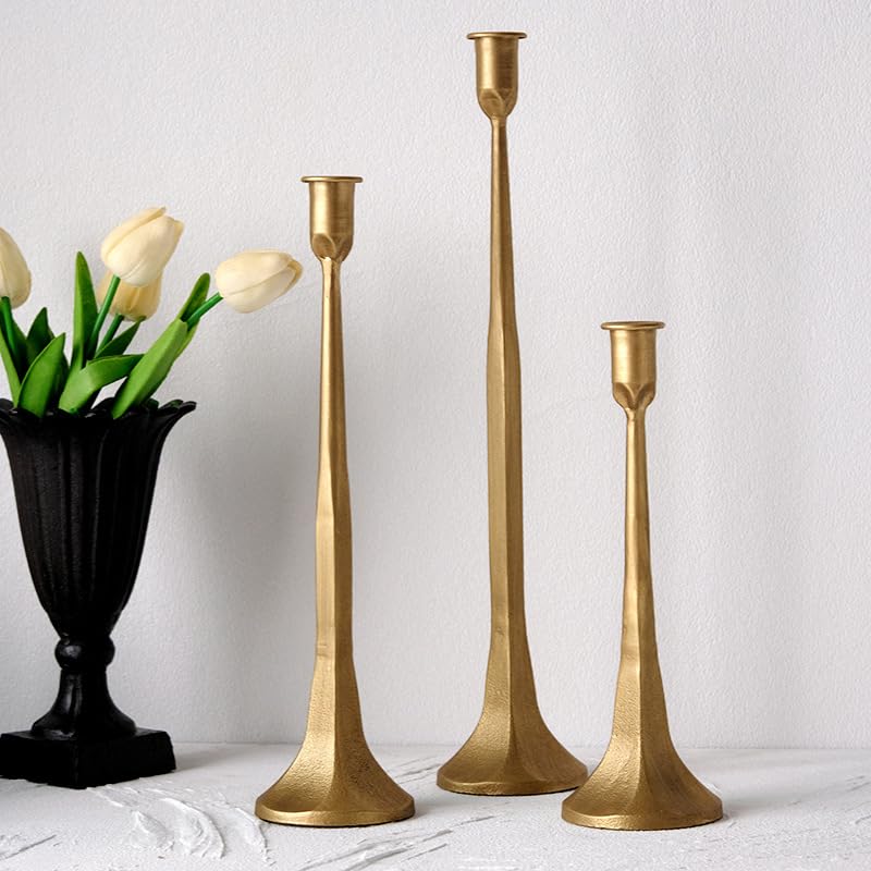 Iron Taper Candle Holder Set of 3 Gold Candlestick Holders - Denique Official Imagery - 1