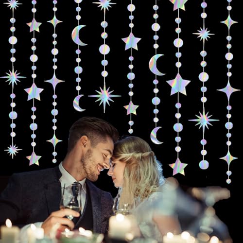 4 Pack Multi Iridescent Party Garland Star&Moon Holographic - Product Imagery