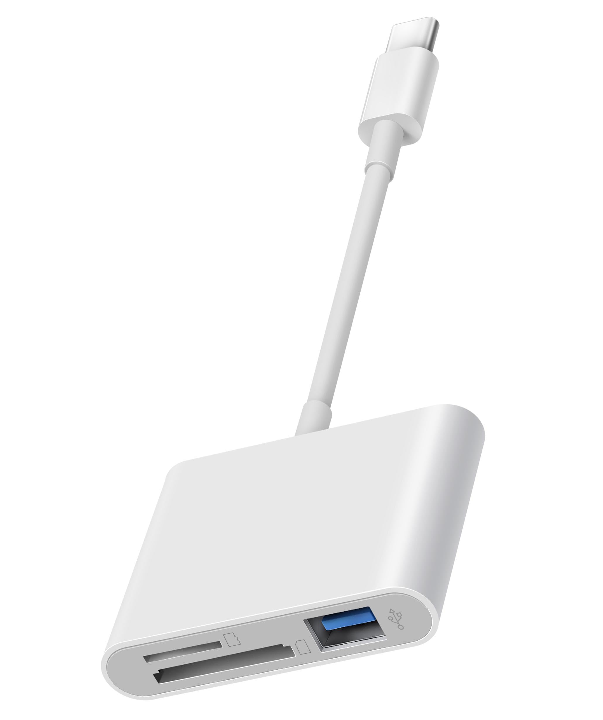 MujuDoler USB C SD card reader with dual slots and USB port for iPhone, iPad, MacBook, Android, and other USB-C devices.