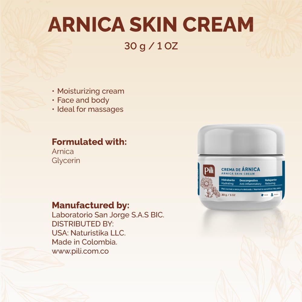 Pili Arnica Cream by Pili Natural, hydrating moisturizer for face and body, soothes dry, irritated, and bruised skin, 1 oz jar