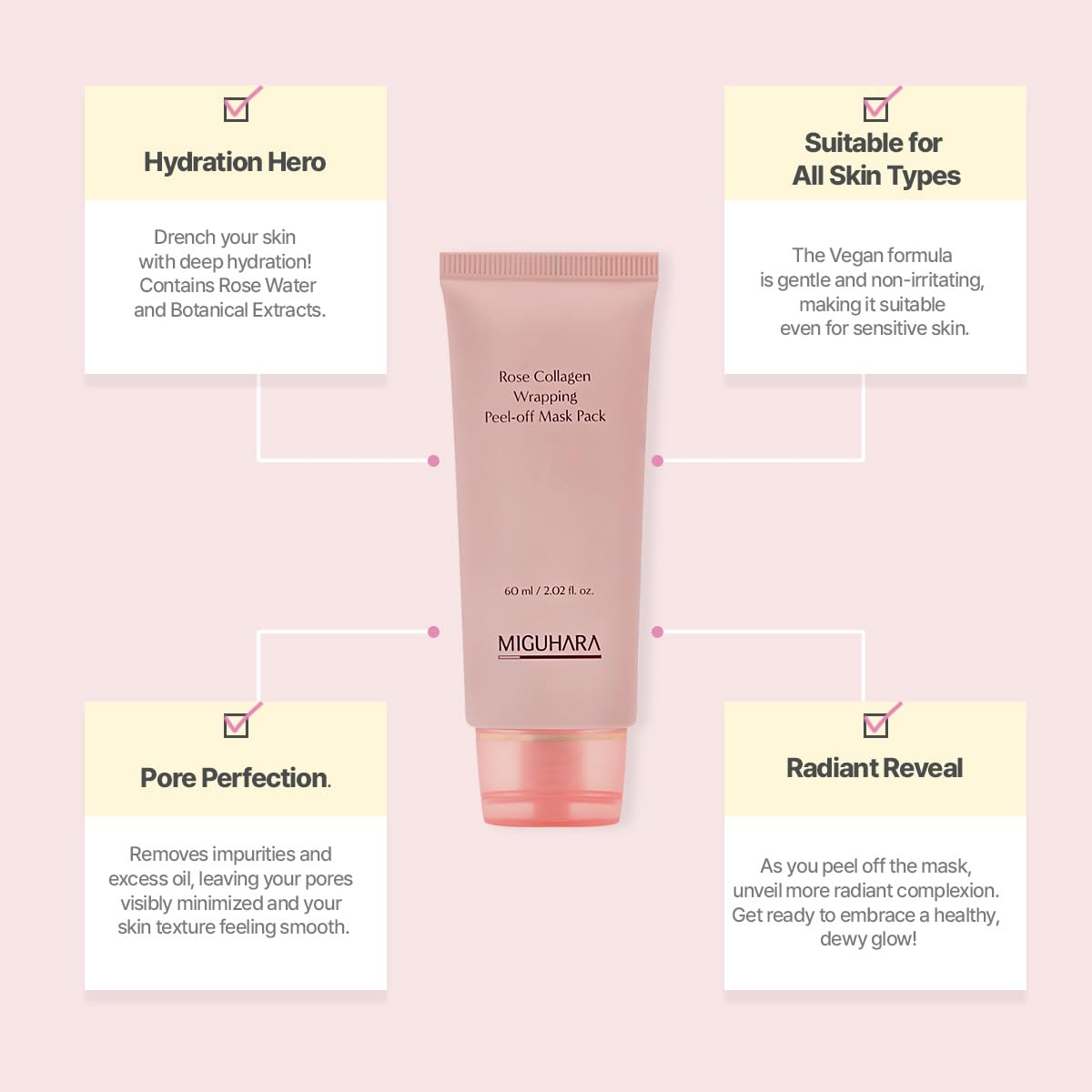 MIGUHARA Collagen Rose Wrapping Peel Off Mask | Pore Minimizer & Glass Skin Glow | Vegan Korean Face Mask with French Rosa Centifolia Flower Extract, Firming & Dullness Care, 2.02 fl.oz - MIGUHARA Official Product View 4