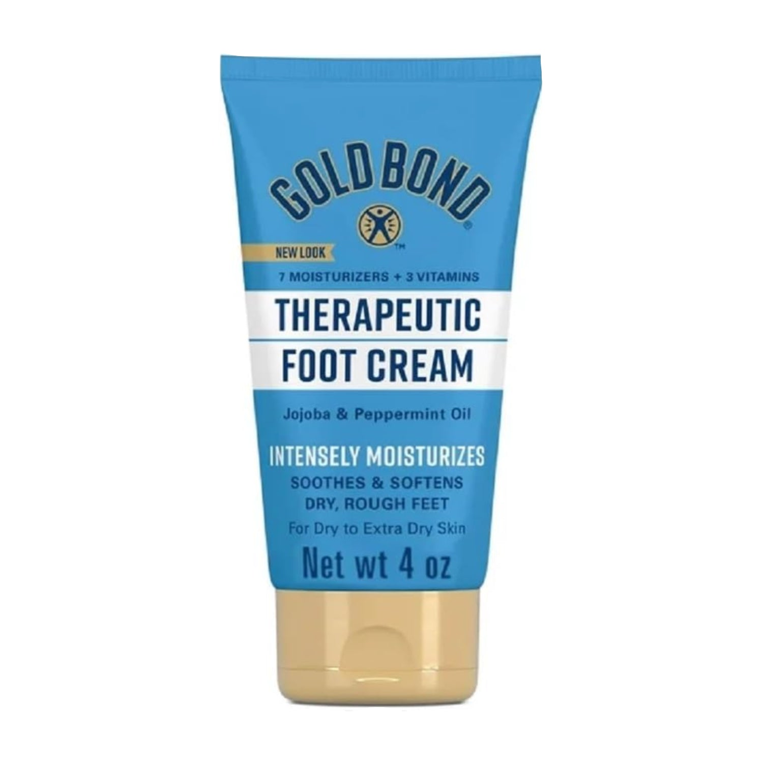 Gold Bond Therapeutic Foot Cream with jojoba and peppermint oil, 4 oz container, showing the cream tube with mint leaves and jojoba seeds.
