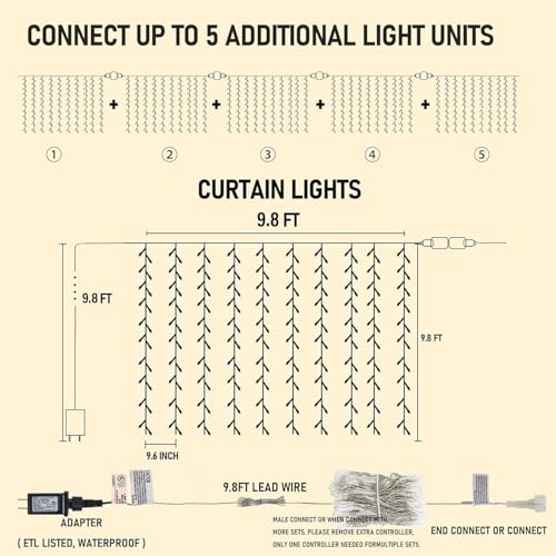 Dazzle Bright 300 LED Curtain Lights, Plug in Fairy Curtain - Product Imagery