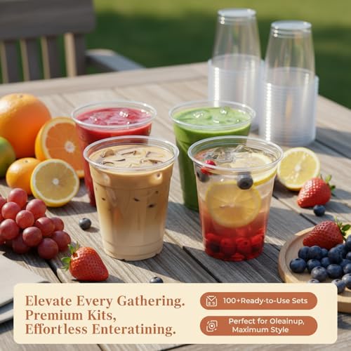 110 Pack 16 oz Disposable Clear Plastic Cups with Lids and Straws - Product Imagery