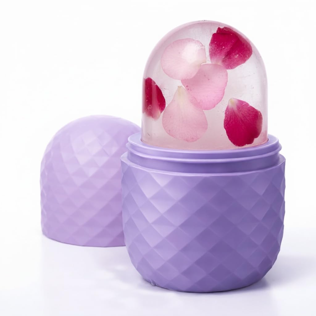 Silicone ice roller face beauty tool for cooling and depuffing, shown in use on a person's cheek and forehead.