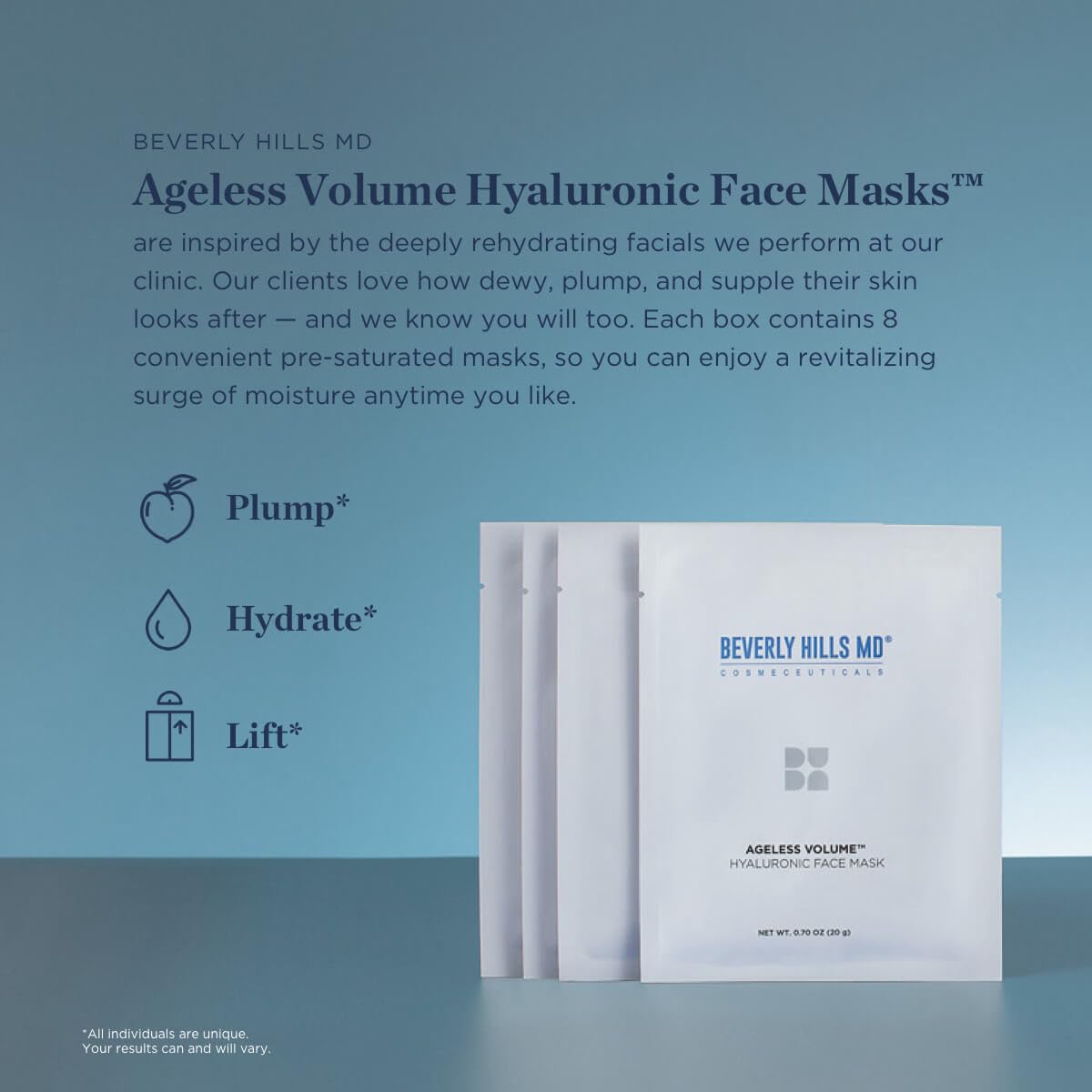 Beverly Hills MD Ageless Volume Hyaluronic Face Mask 8 Pack - Beverly Hills MD Official Imagery - 3