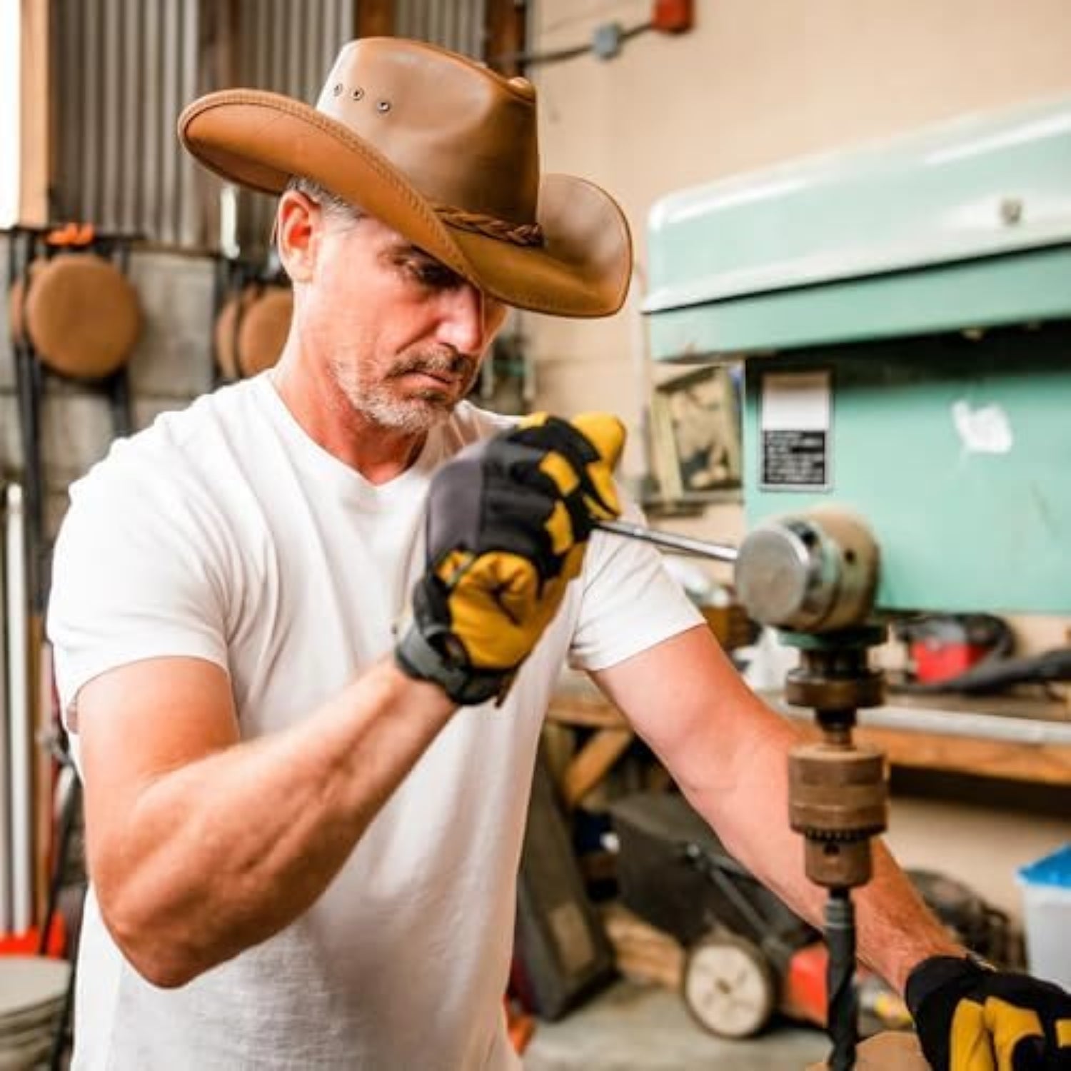 Oiled leather Hollywood Outback cowboy hat by American Outback Hats, featuring a wide brim and classic western style.