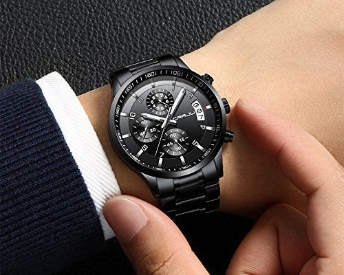CRRJU Men's Fashion Stainless Steel Black Waterproof Quartz - Product Imagery