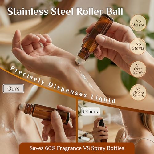 PrettyCare 4 Pack Amber Glass Oil Roller Bottles for Essential - Product Imagery