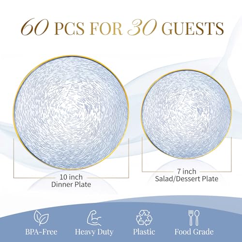 60Pcs Blue Plastic Plates - Blue Disposable Plates With Gold - Product Imagery