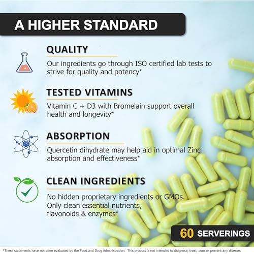 Zinc Quercetin 500mg with Vitamin C Vitamin D3 Bromelain Immune - Product Imagery