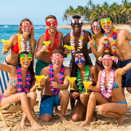 JOYIN 12 Pieces Luau Party Glasses and 12 Pieces Hawaiian Leis, - Product Imagery