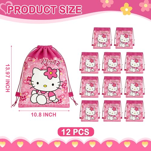12 Pcs Kitty Drawstring Bag Set, Kitty Birthday party supplies, - Product Imagery