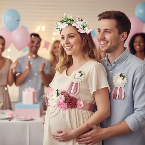 Baby Shower Sash Set Mom to Be Sash Dad to Be Pin Flower Belt - Product Imagery