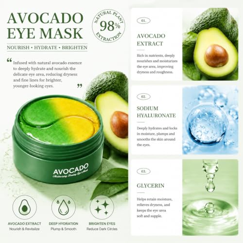 60PCS Avocado Under Eye Patches, Eye Masks for Dark Circles and - Product Imagery
