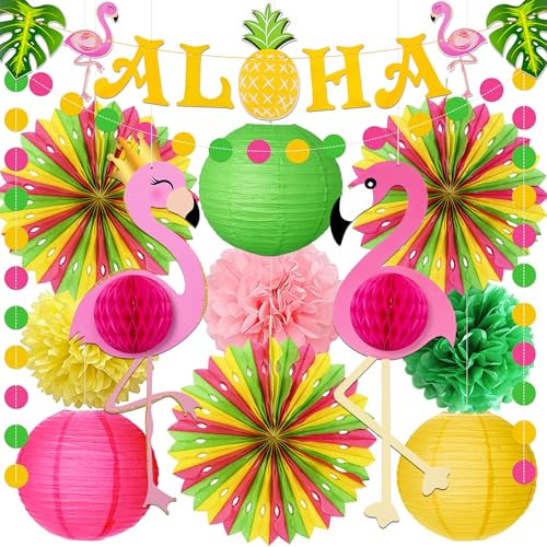 Luau Party Decorations Paper Fans Lanterns Set - Product Imagery