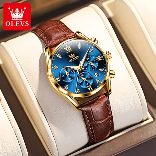 OLEVS Women's Watches Brown Leather Strap Analog Quartz Rose - Product Imagery