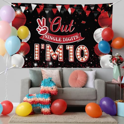 JOYKY Out Single Digits I’m 10 Banner, Red Black Happy 10th - Product Imagery