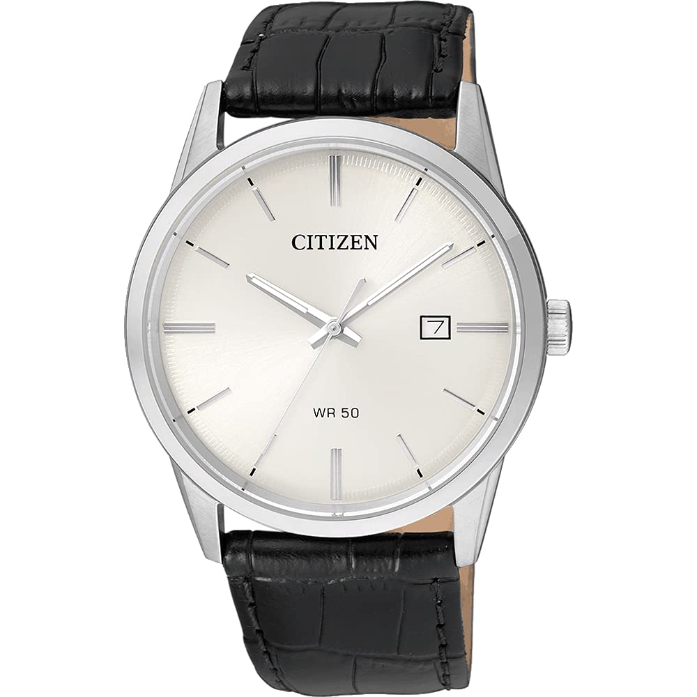 Citizen Quartz Mens Watch, Stainless Steel with Leather Strap, - Product Imagery