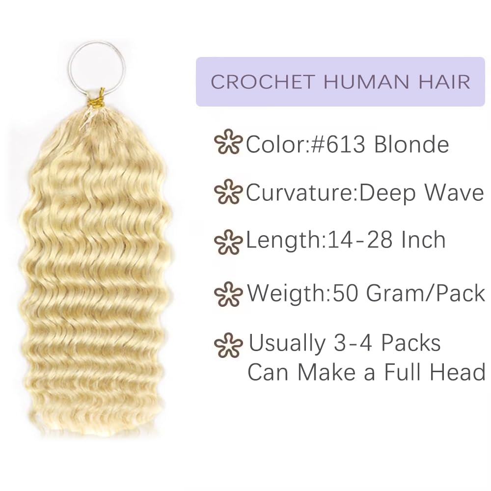 #613 Honey Blonde Deep Wave Crochet Human Hair 28 Inch Unprocessed Brazilian Virgin Hair 50 Grams Blonde Deep Wave Human Crochet Hair Extensions