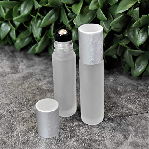 12-Pack Frosted Clear Glass Roller Bottles with Brushed Silver - Product Imagery