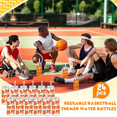 24 Pack 14.2 oz Plastic Basketball Cups with Lids and Straws - Product Imagery