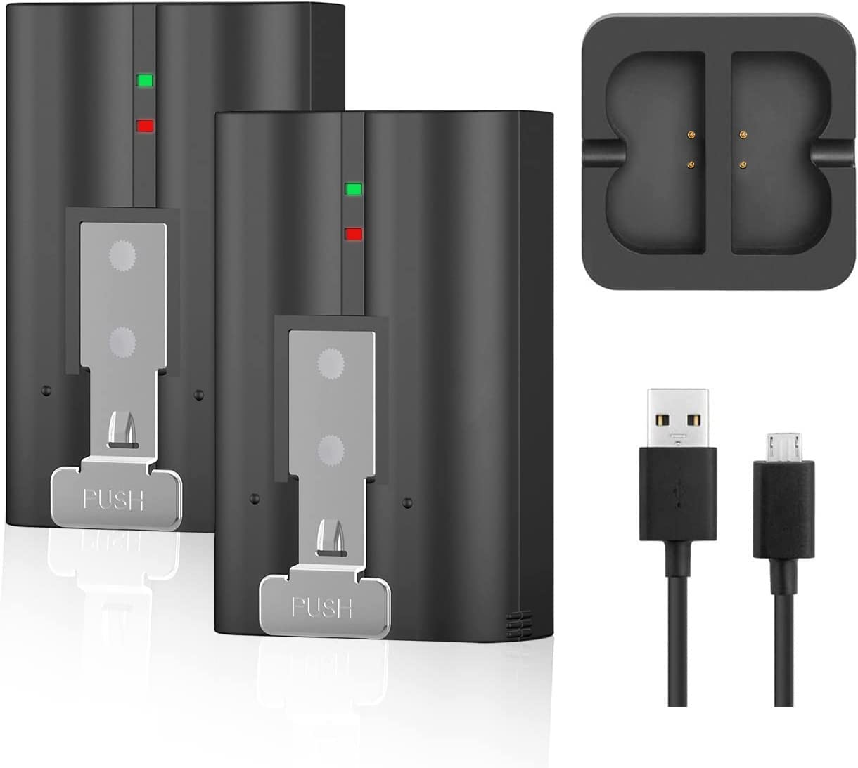 YUELAN 2-pack 6040mAh ring batteries with dual charger for rechargeable power sources, shown with batteries and charging device.