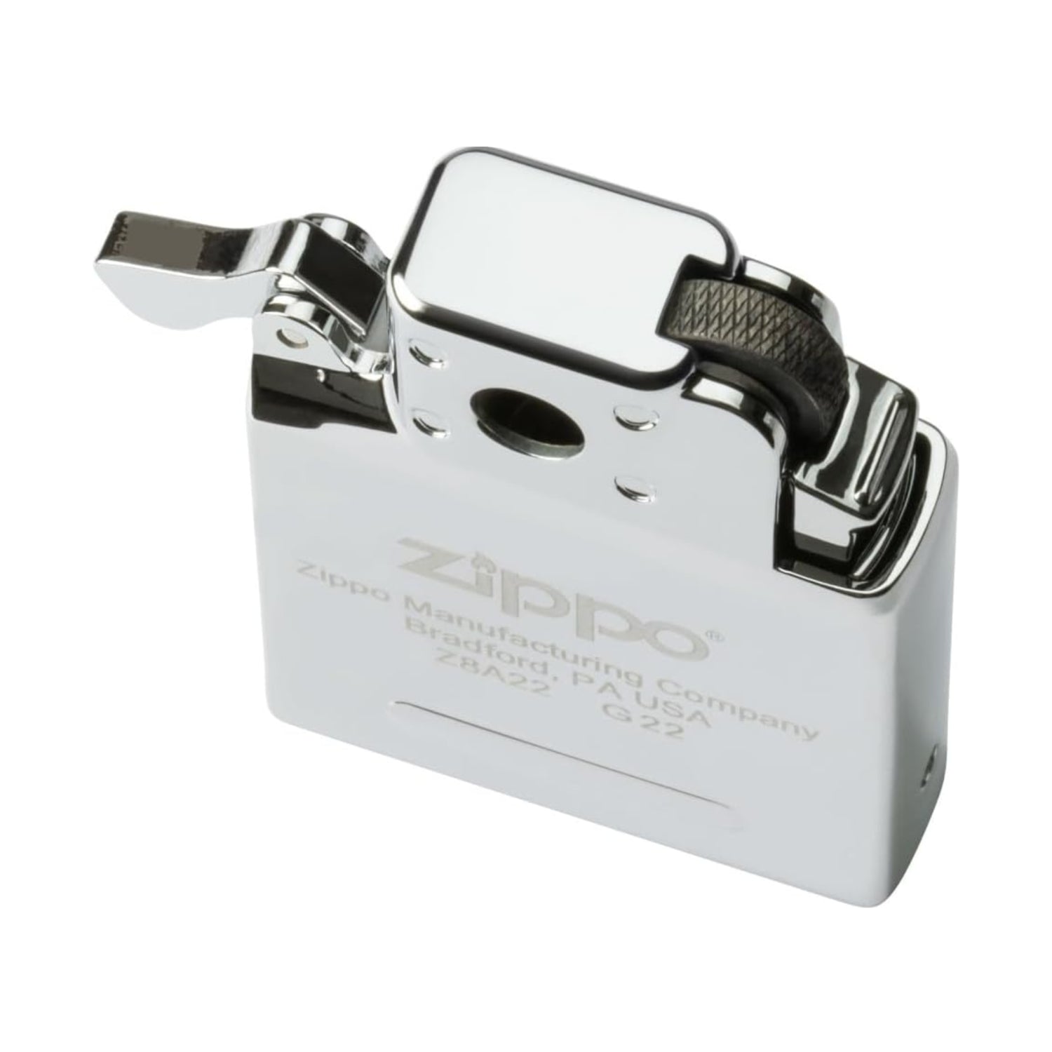 Zippo single torch butane lighter insert with metal construction and adjustable flame, designed for Zippo lighters.
