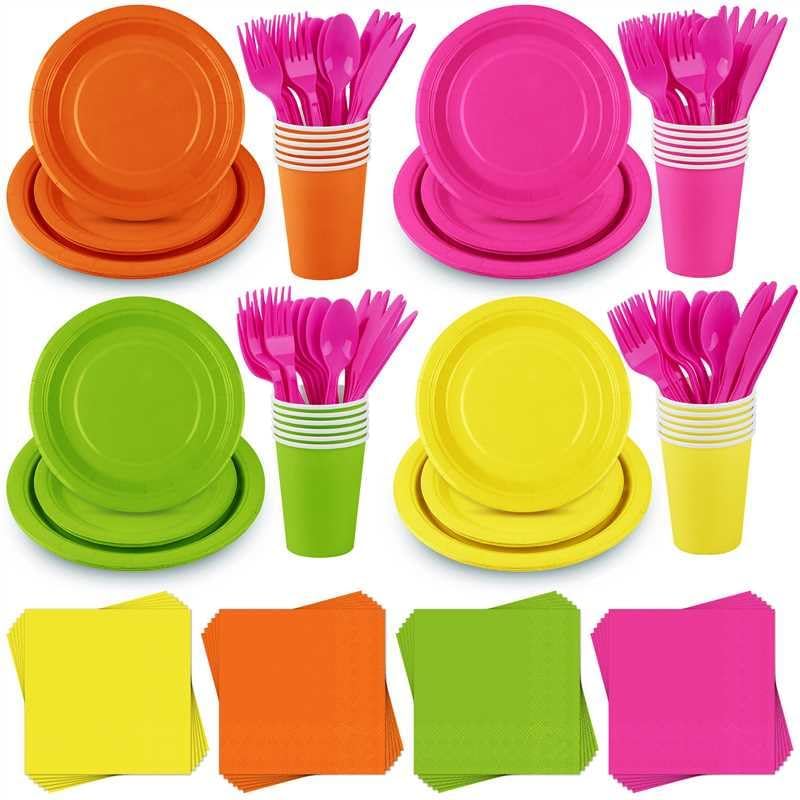 durony 192 Pcs Neon Party Supplies Paper Plates Cups Napkins - durony Official Imagery - 1