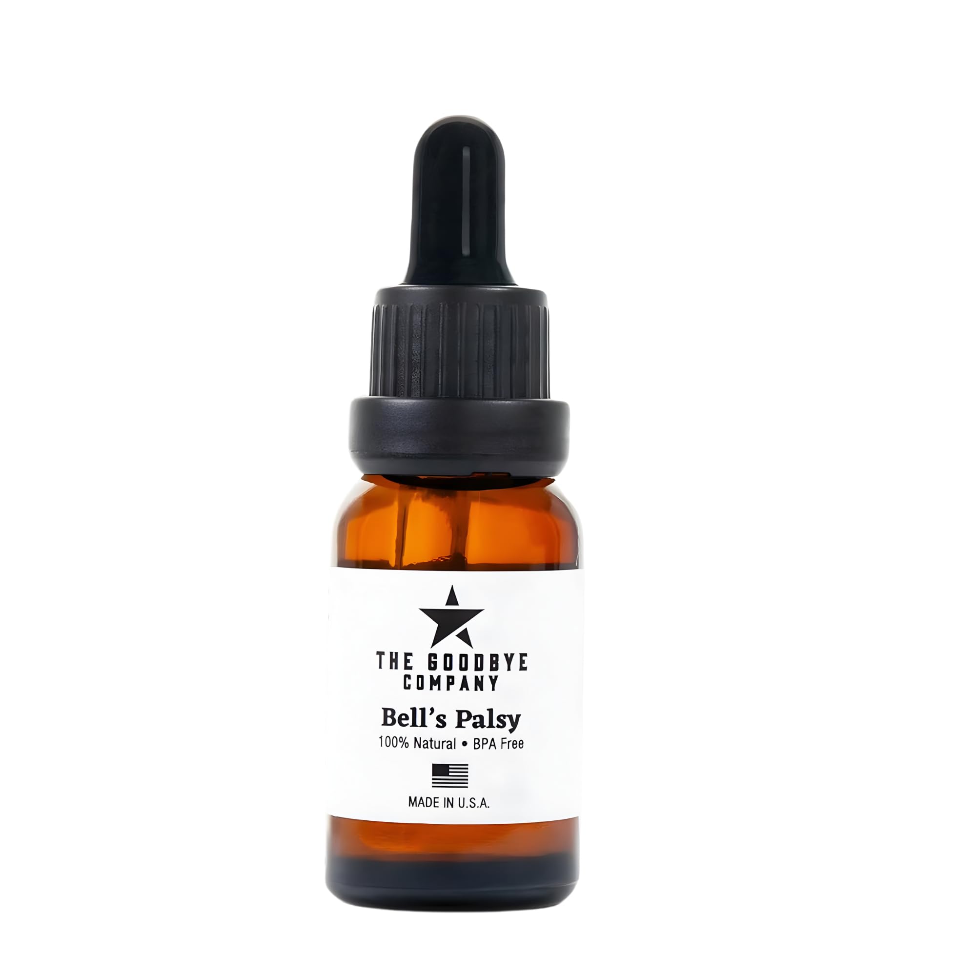 Organic Bell's Palsy treatment oil by The Goodbye Company with frankincense and clove, shown in a glass bottle with dropper.