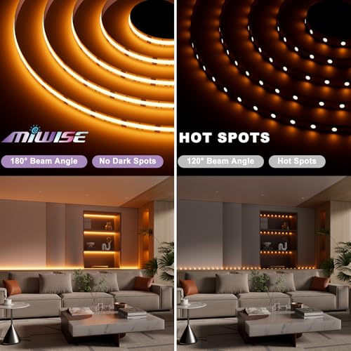 MIWISE RGB COB LED Strip Light 20ft/6.1m,Color Changing Dimmable - Product Imagery