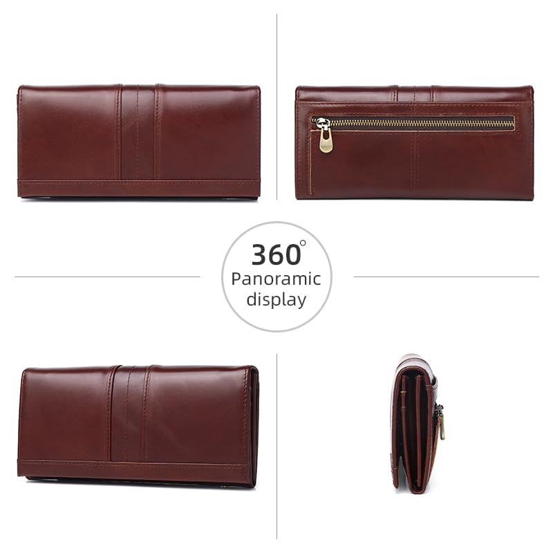 FREYAMIRA RFID Blocking Wallets for Women Leather Long Ladies Wallet Bifold Womens Wallet with Coin Pocket ID Window,Coffee