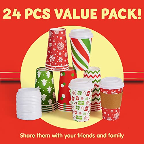 JOYIN 24 Pcs 16 oz Christmas Disposable Cups with Lids and - Product Imagery