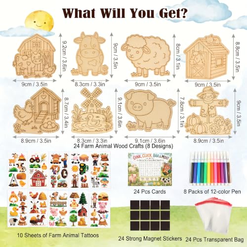 24 Pcs Farm Animal Party Favors, DIY Wooden Painting Crafts Kit - Product Imagery