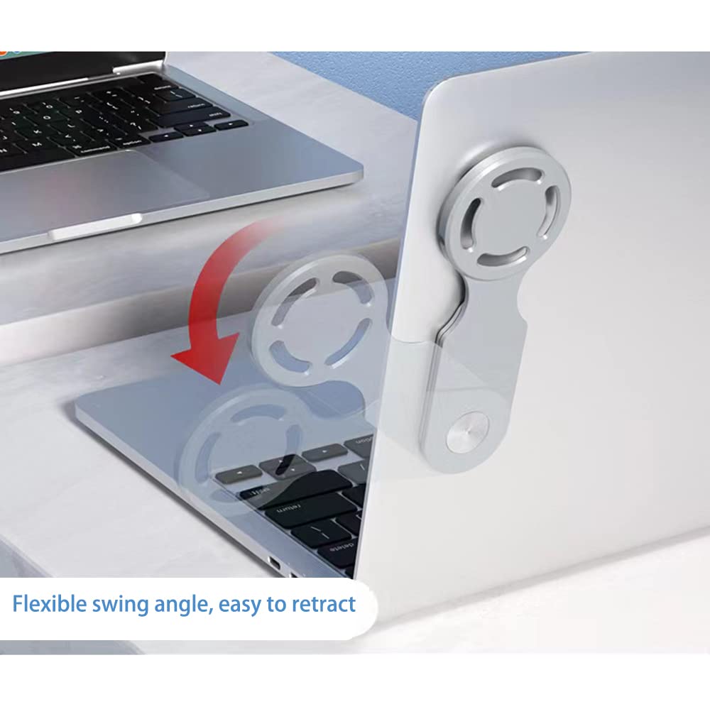 Black and grey 2-piece laptop phone holders from 4every, foldable portable stands with adhesive for MacBook, iPhone, and iPad.