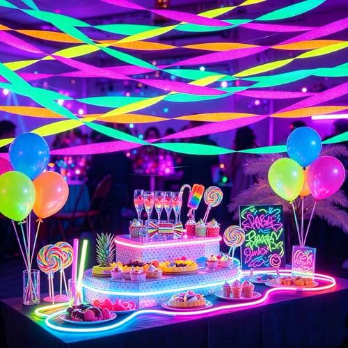 6 Rolls 600 Feet Neon Crepe Paper Streamers, UV Black Light - Product Imagery