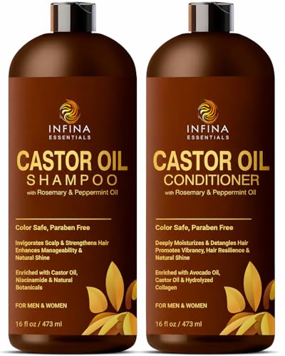INFINA ESSENTIALS Castor Oil Shampoo and Conditioner Set for Hair Growth, 16 fl oz - INFINA ESSENTIALS Official Product View 1