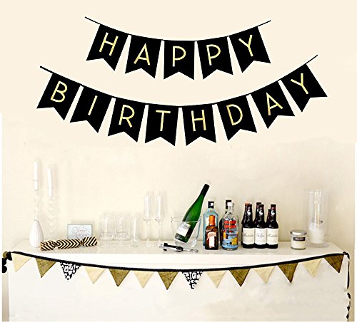 Black Happy Birthday Bunting Banner with Shiny Gold Letters - Product Imagery
