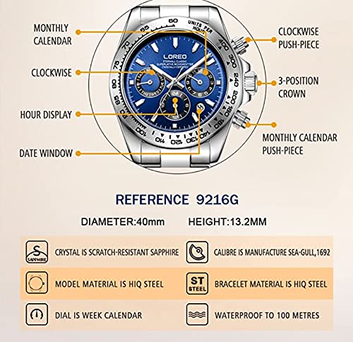 LOREO Mens Automatic Watch Silver Stainless Steel Sapphire Glass - Product Imagery