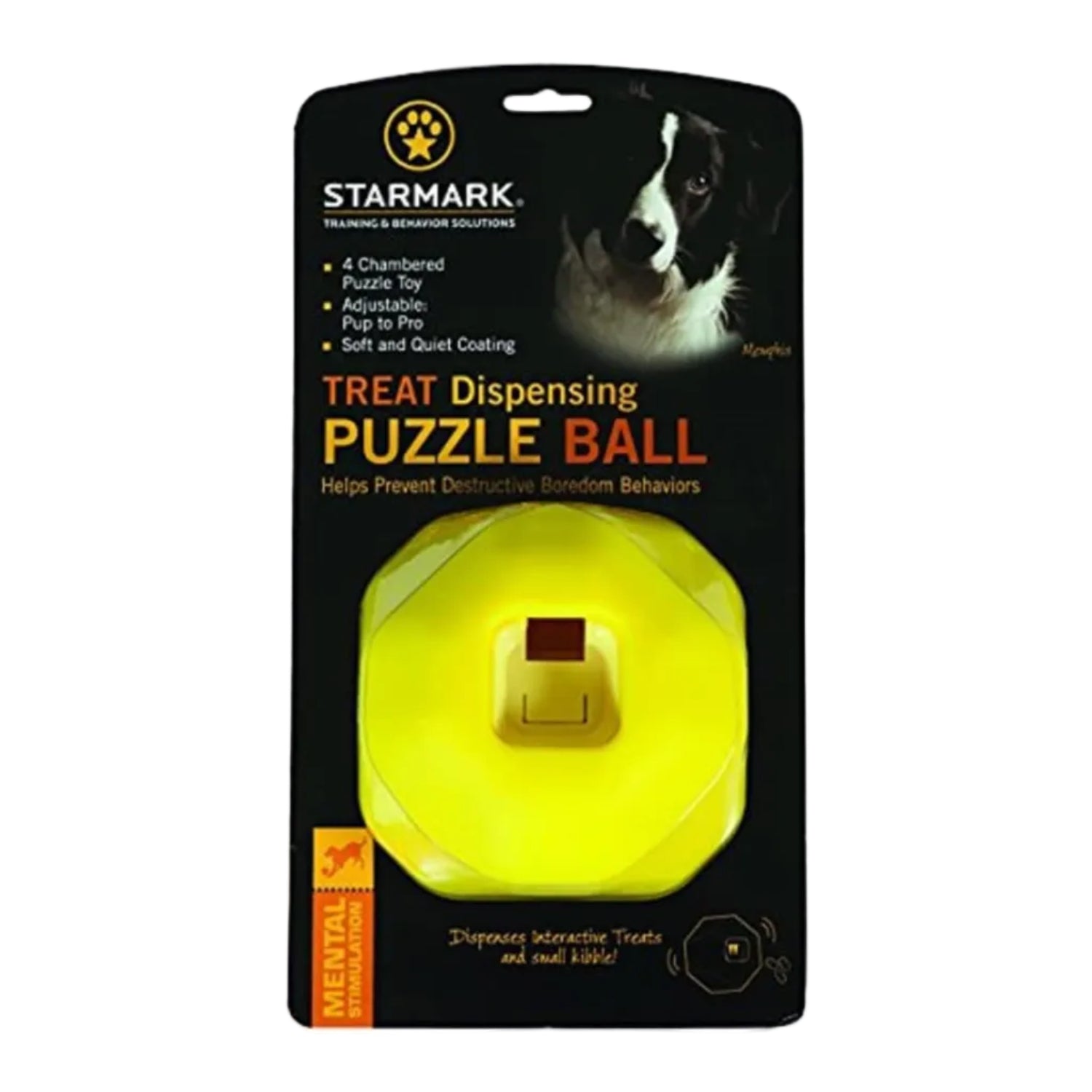 Starmark treat-dispensing puzzle ball dog toy with a durable plastic exterior and interior compartments for hiding treats.