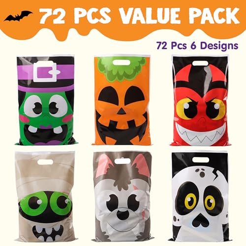 JOYIN 72 Pcs Halloween Bags, Plastic Goodie Bag in 6 Designs for - Product Imagery