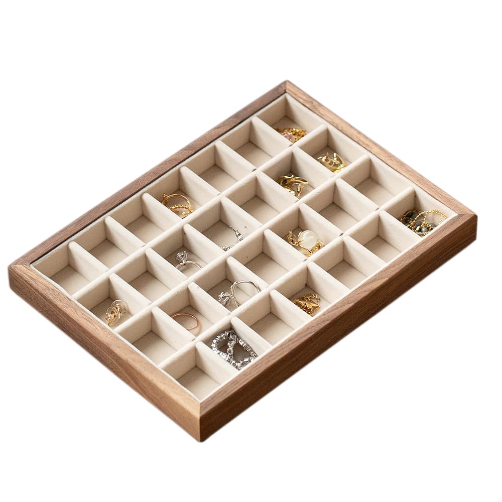 28 Grid Black Walnut Wooden Jewelry Tray with Velvet Lining - MIGAKU HOME Official Imagery - 1