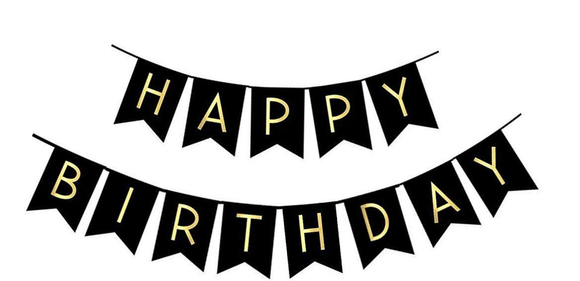 Black Happy Birthday Bunting Banner with Shiny Gold Letters - Product Imagery
