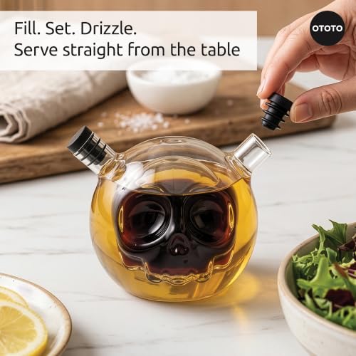 OTOTO 2-in-1 Glass Oil and Vinegar Cruet - Skull Oil Dispenser - Product Imagery